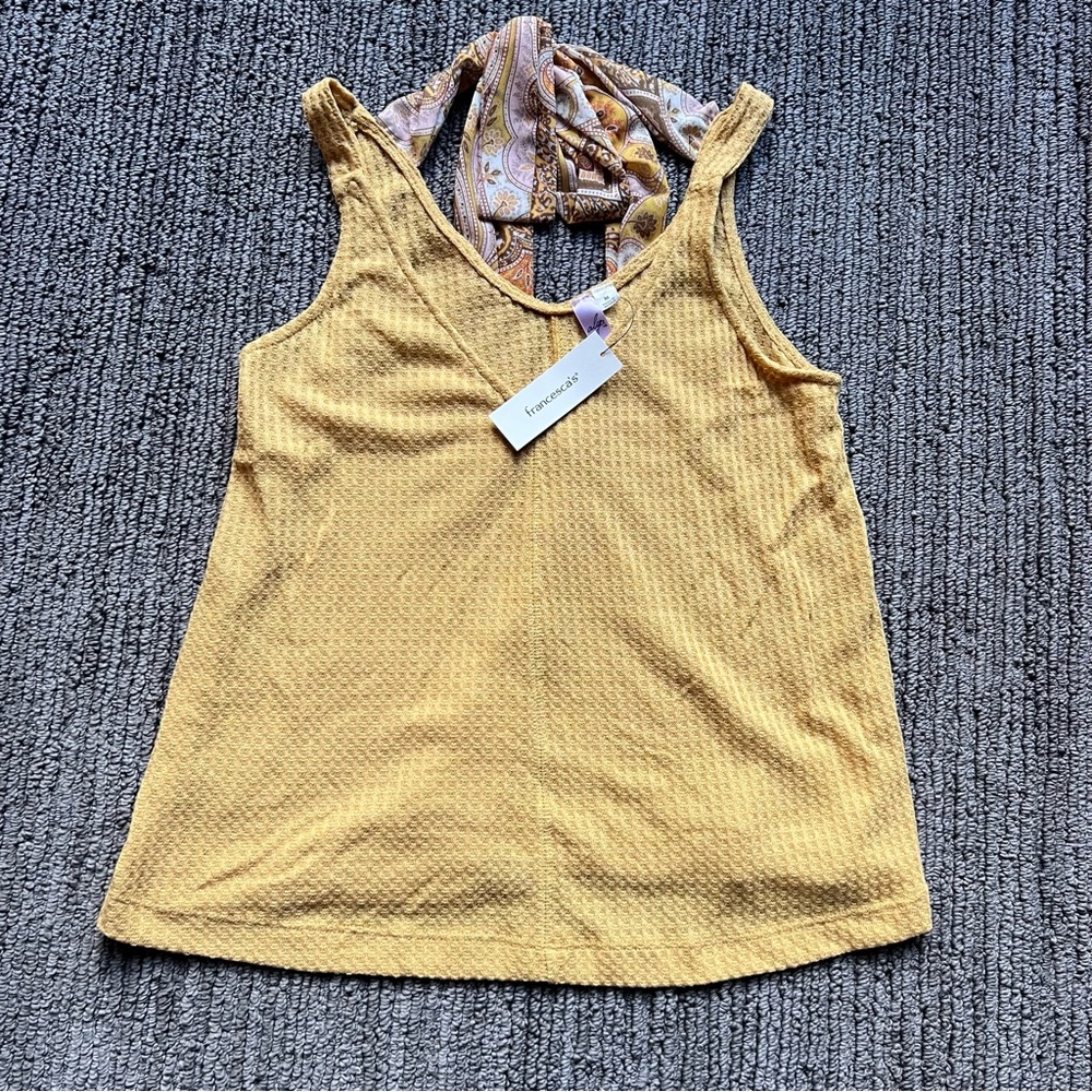 NEW Francesca’s Marigold Yellow Sleeveless Tanktop Floral Tie Shift Medium $34